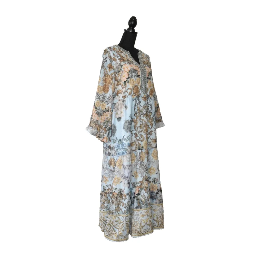 A5 NEW SOFT SURROUNDINGS Pastel Blue Floral Print Beaded Baroque Maxi Dress Sz L